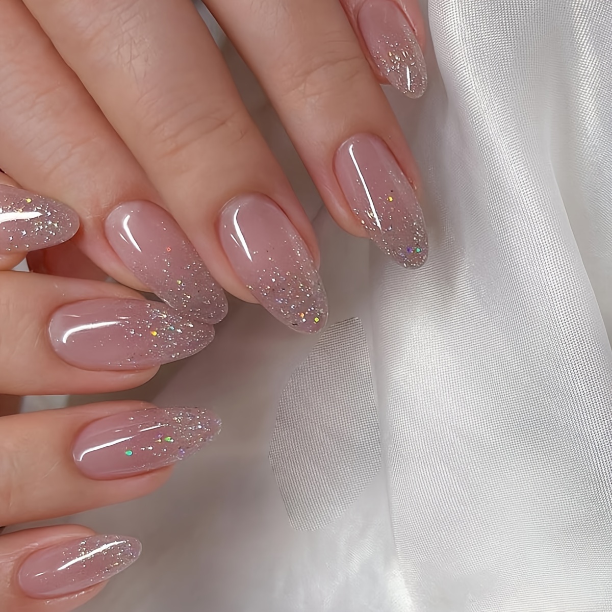 Glossy Glitter Medium Long Press On Nails Almond Shaped - Temu