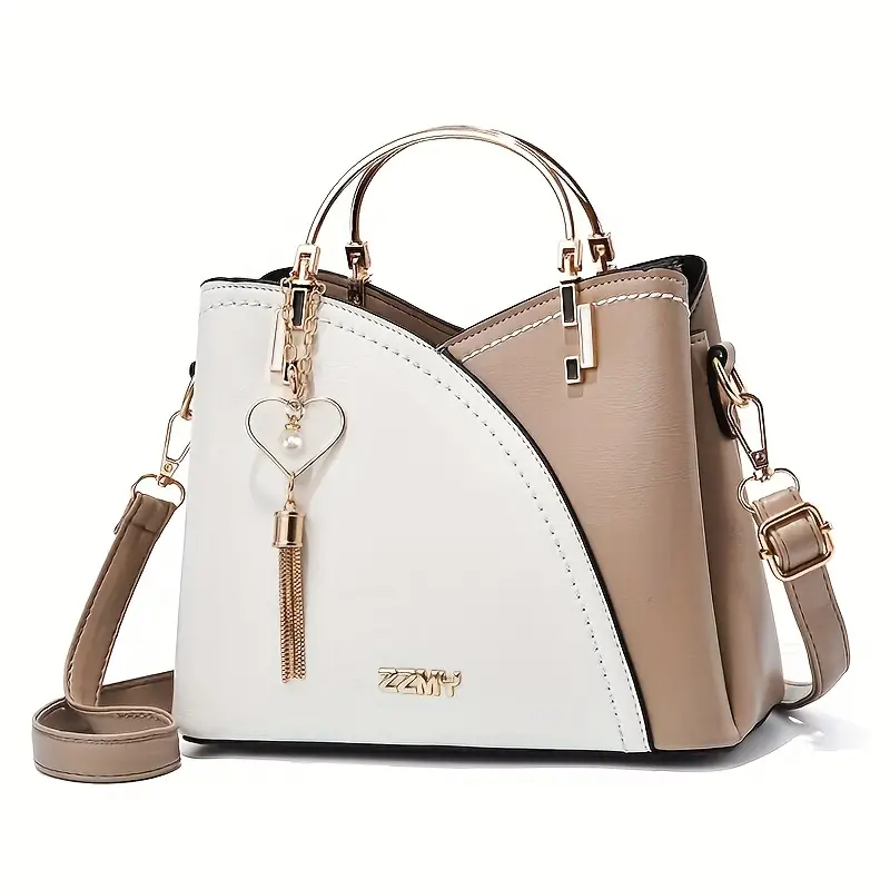 color block satchel bag trendy metal tassel decor crossbody bag womens top ring purse 9 1 7 5 4 5 inch details 5