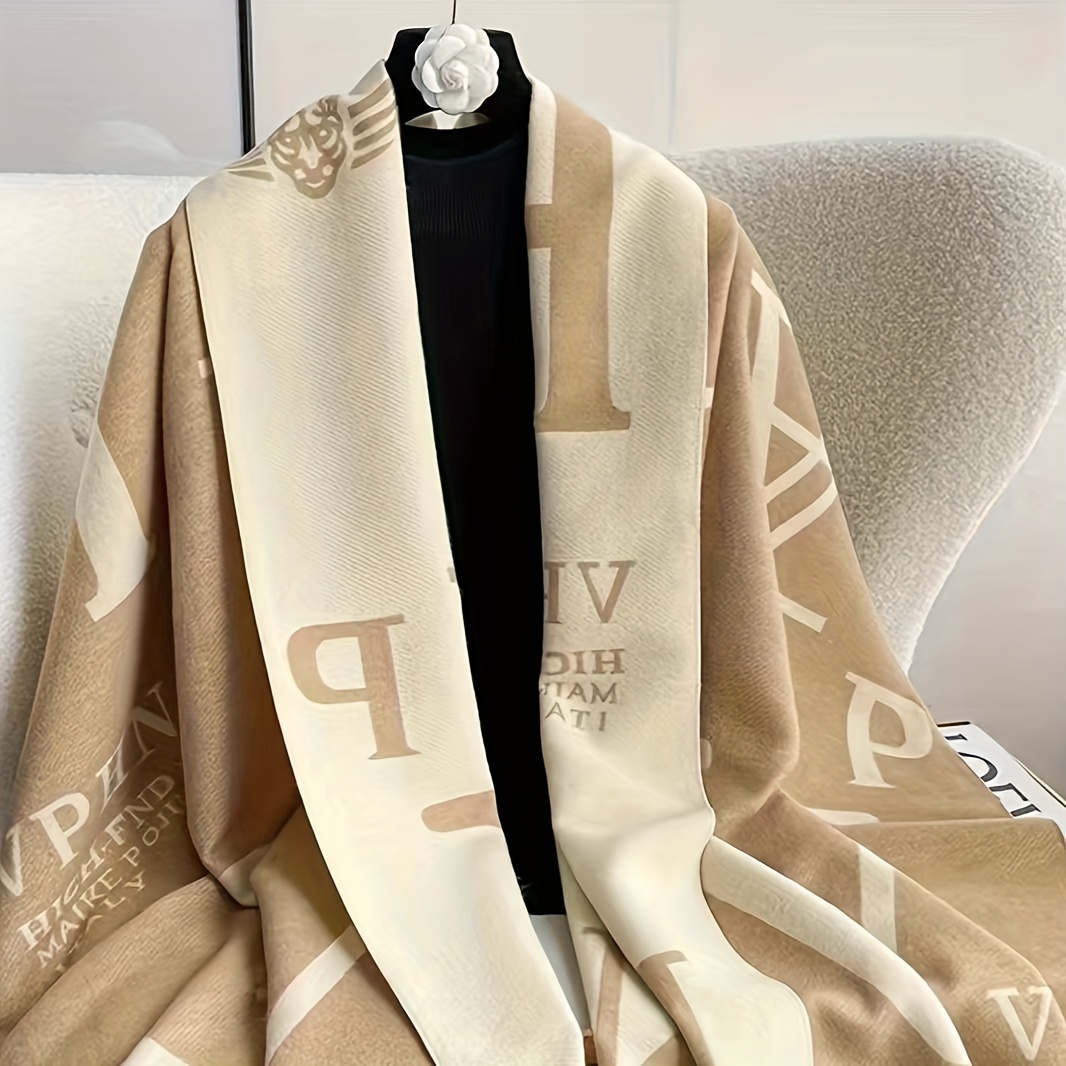 TEMU Double Sided Letter Tassel Scarf Mature Imitation Cashmere Warm Shawl Autumn Coldproof Windproof Wrapped Scarf