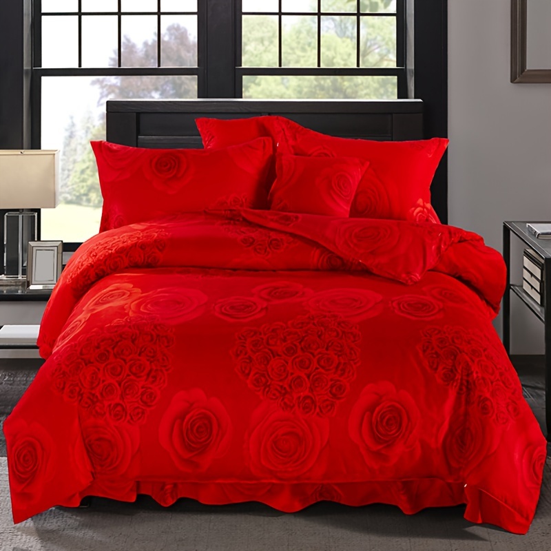 

4pcs Set Of Thickened Skin-friendly Brushed Large Red Rose (1 Quilt Cover + 2 Pillowcases + 1 Bed Skirt), Soft And Delicate, Breathable And Sweat-wicking, Simple And Elegant, Machine Washable