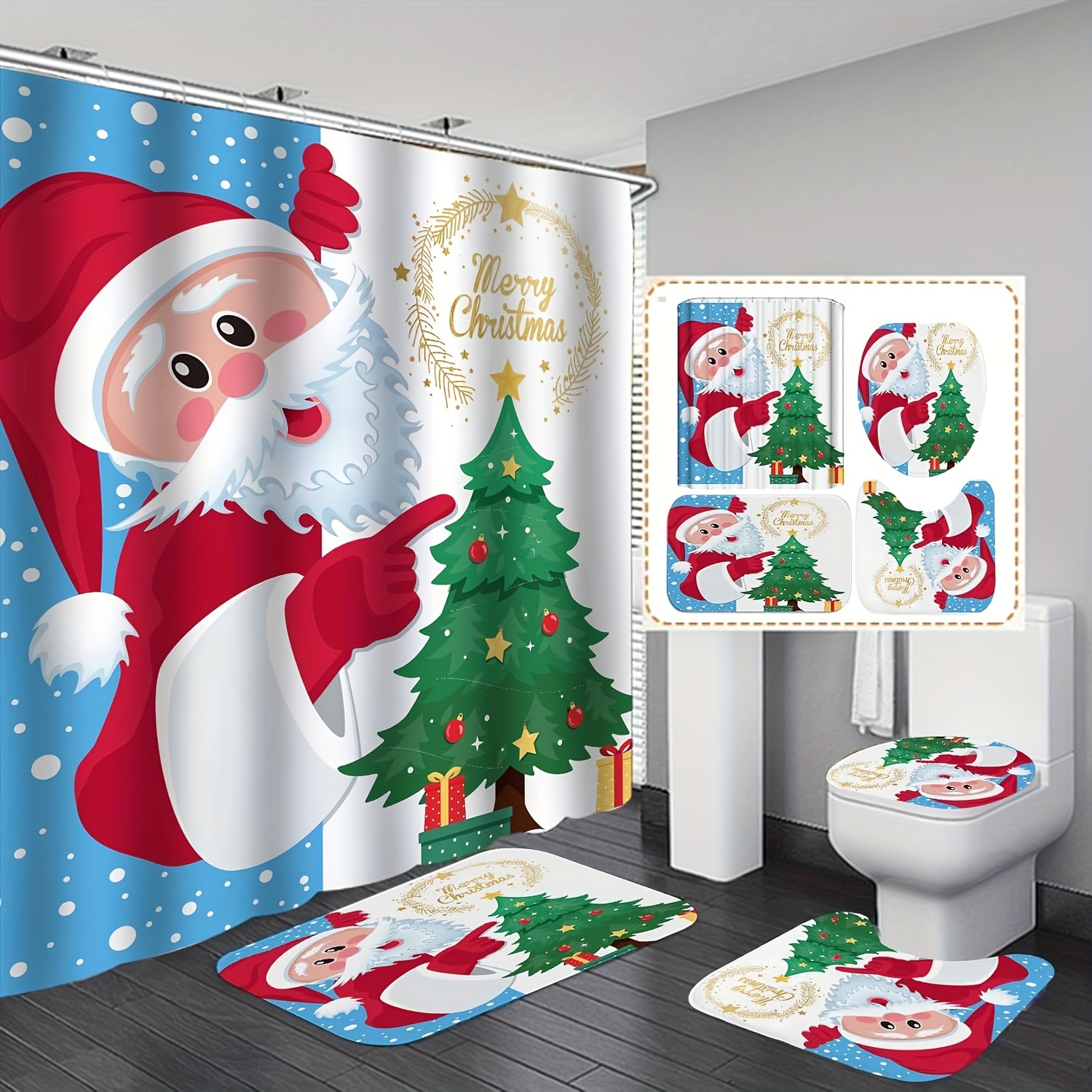  Feliz Navidad cortina de ducha divertida Santa Claus