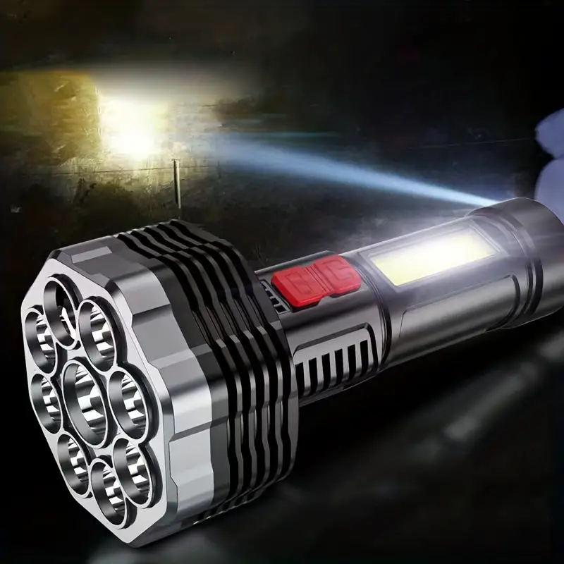 Powerful 9 Led Flashlight, With Cob Side Light Torch, Usb