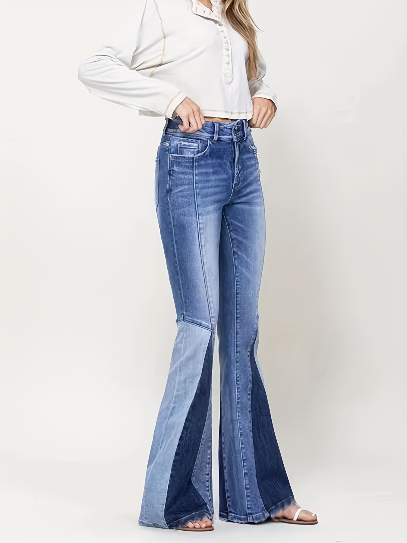 Three Tone * Color Block Flare Jeans, 70s Vintage High * Whiskering Pintuck  Bell Bottoms Jeans, Women's Denim Jeans & Clothing