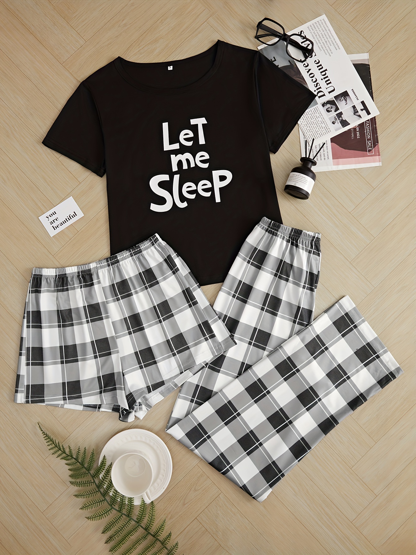 RTHLEQIEE Women Plaid Pajama Set Short Sleeve Shirt And Trousers Jogger  Nightwear Sleepwear Round Neck Loungewear Pjs Sets (Color : Black, Size :  Small) at  Women's Clothing store