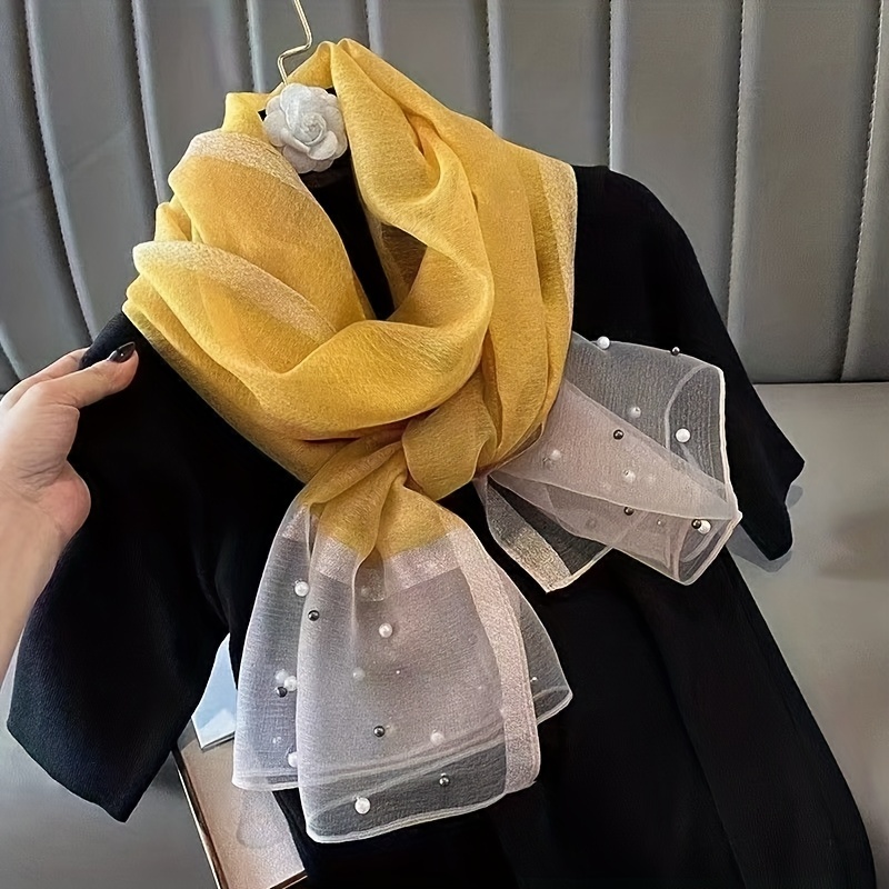 Faux Pearl Decor Scarf Casual Silk & Chiffon Shawl Scarf Wrap