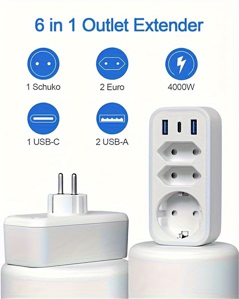 Adaptateur de prise, prise USB 7 en 1 prise multiple avec 2 prises Euro 1  Schuko