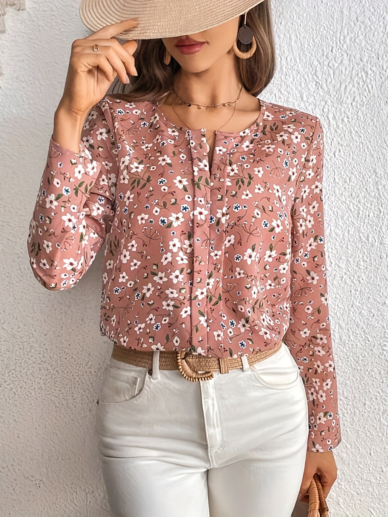 Ditsy Floral Print V Neck Blouse, Casual Long Sleeve Blouse For