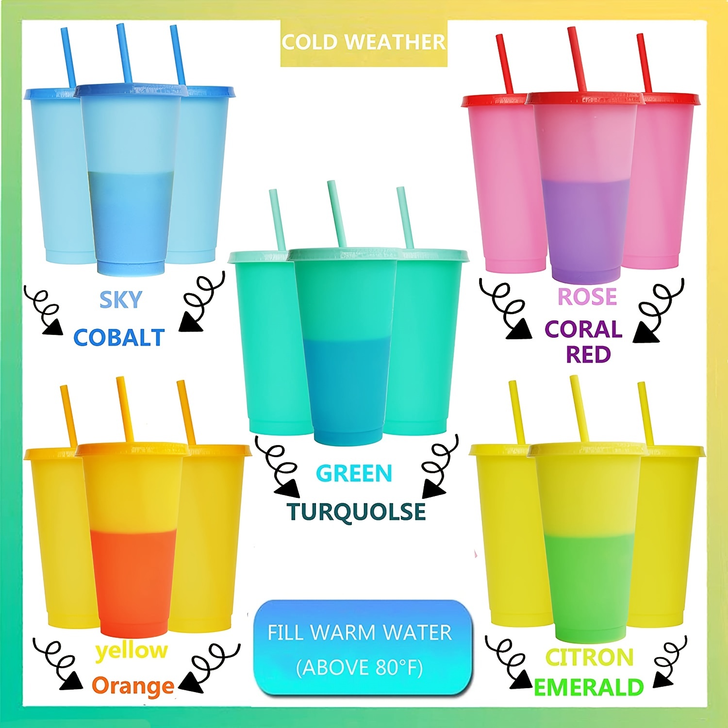 Plastic Cups with Lids and Straws - 7 Pack 12 oz Reusable Tumbler with  Straw | Color Changing Cup with Lid Adults Bulk Travel Tumblers Drinking  Cups