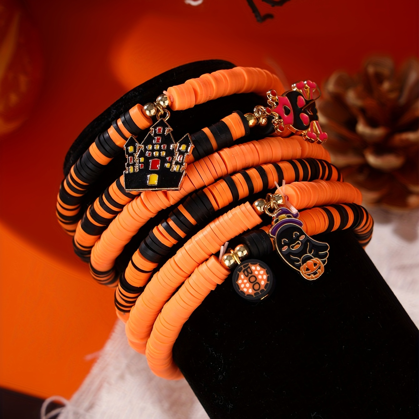 6pcs Halloween Charm Bracelet Set Stretchable, Elastic Beaded Soft Clay  Bangles with Pumpkin, Skull, Witch Hat More Designs Party We