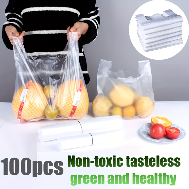 100pcs Supermarket Shopping Bag Transparent Bags Plastic Bags With Handle  Food Packaging