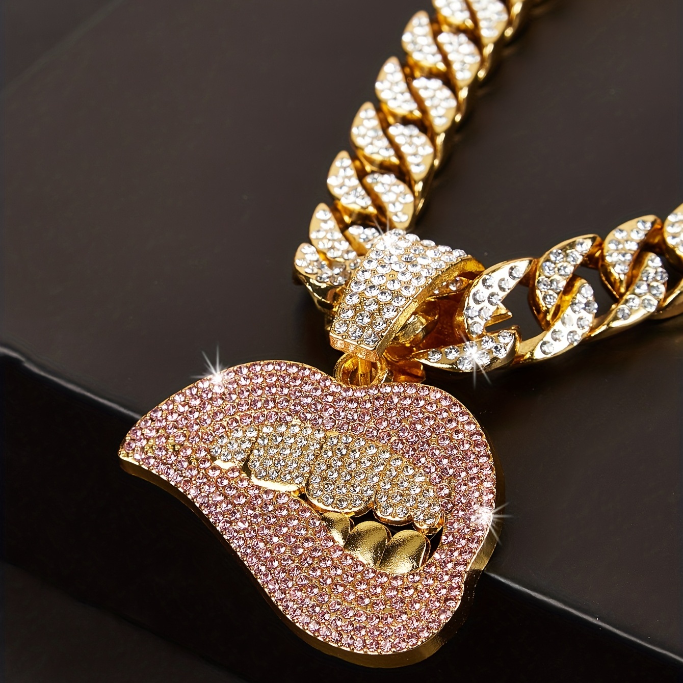 Pink Lips Pendant Cuban Chain Necklace