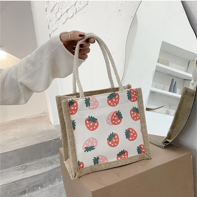 Mini sac à cordon en toile pour femmes, sac à main aux fraises de