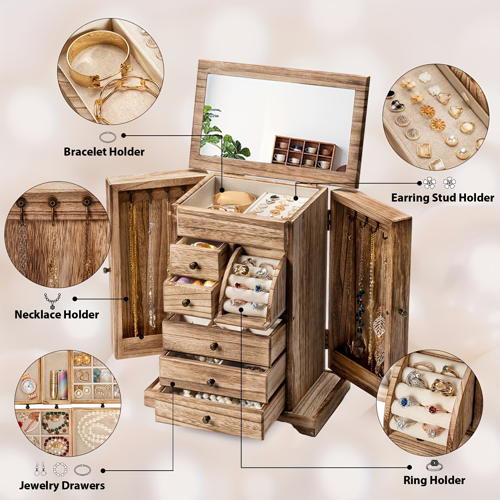 1pc multi layer jewelry wooden storage box with mirror ear stud earring storage container portable storage and organization for desk dresser vanity office bedroom bathroom