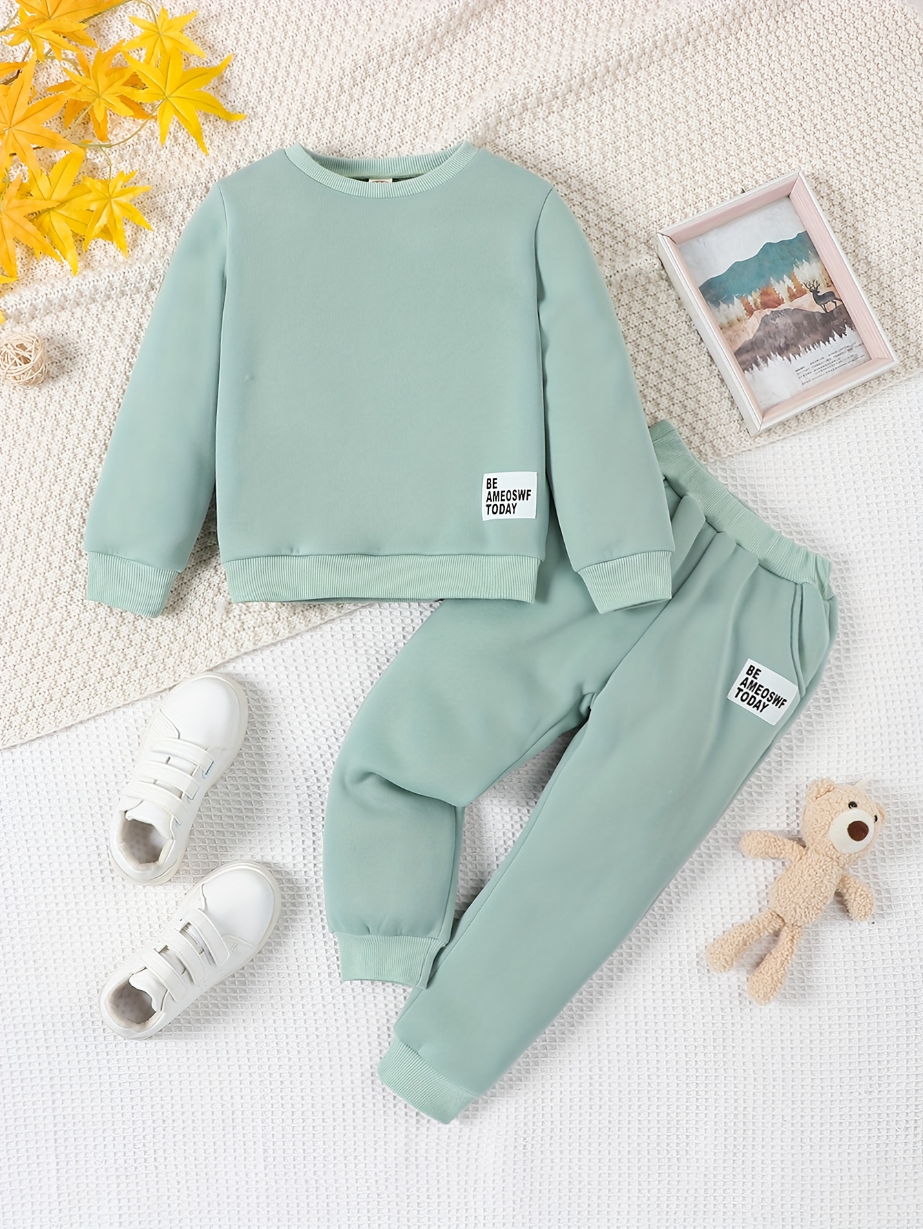 Conjunto de ropa de invierno para bebés y niñas, sudadera de manga larga  con capucha sólida y pantalones de forro polar, 2 piezas para bebé niña