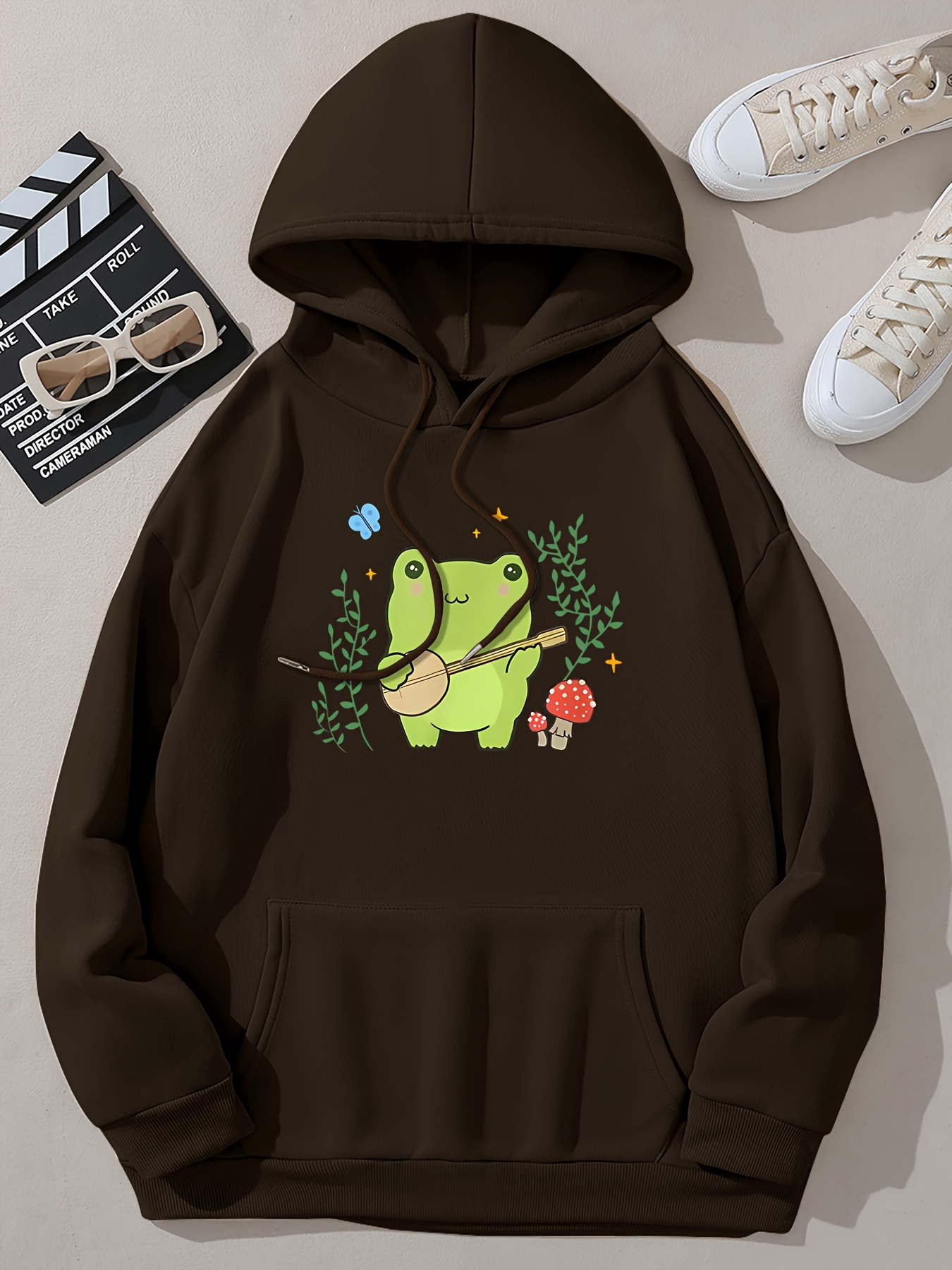 Cute Frog Print Drawstring Hoodie, Casual Long Sleeve Drop Shoulder Hoodie,  Women's Clothing