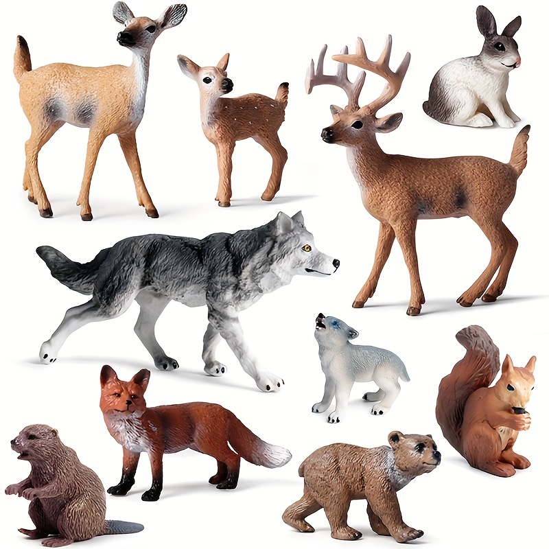

10pcs Forest Animal Toys Wolf Fox Deer Brown Bear Figures Realistic Woodland Creatures Figurines Plastic Animals Miniature Toys Cake Topper Christmas Gift La Ferme