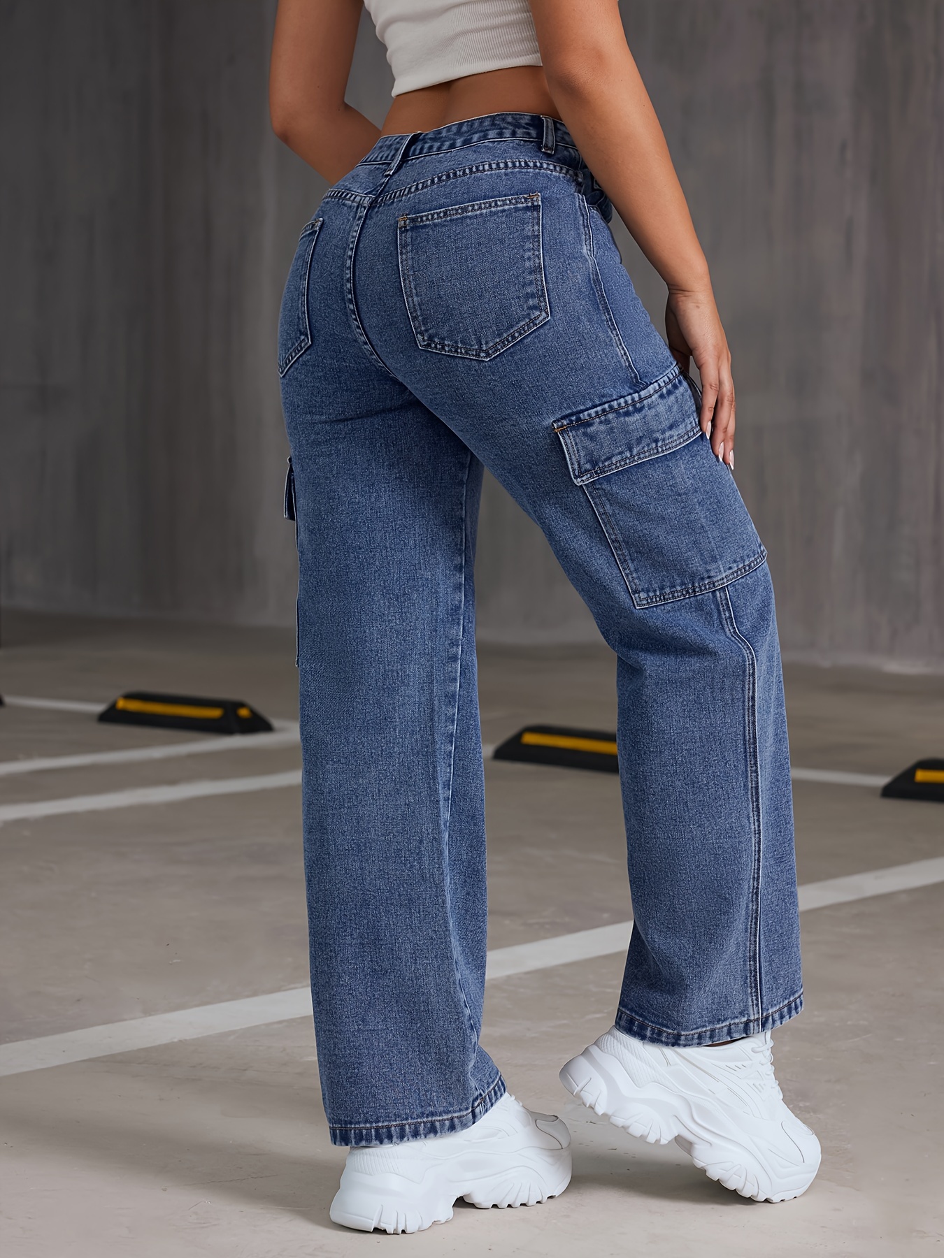 blue multi pocket cargo jeans loose streetwear casual wide leg jeans womens denim jeans clothing details 2