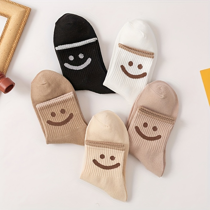 5 Pairs Cute Smiling Print Socks, Comfy & Soft Crew Sports Socks, Women's  Stockings & Hosiery
