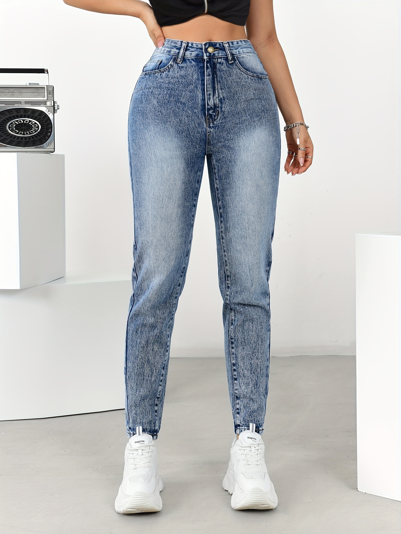 Double Button High Mom Jeans Light Washed Blue Slash - Temu