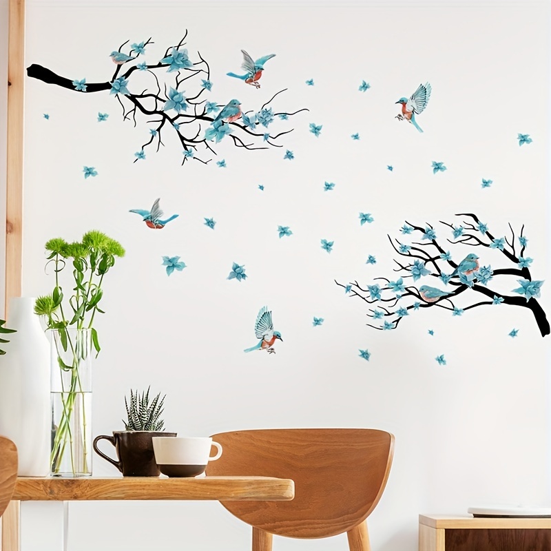decalmile Stickers Muraux Branche de Fleur Autocollant Mural Fleurs Bleues  Arbre Oiseaux Décoration Murale Enfants Chambre Salon