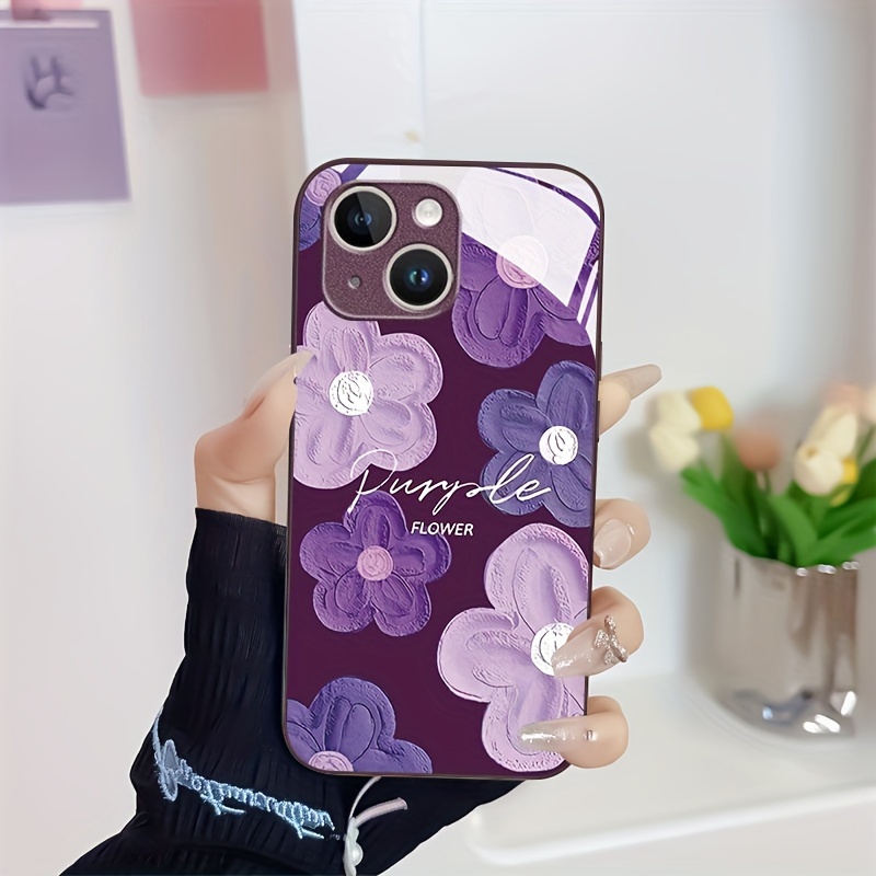 

Creative Purple Flower Pattern Phone Case For 15 14 13 12 11 X/xs Xr Xs Pro Max Plus Rose Purple Metallic Lacquer Silicone Glass Straight Edge New All-inclusive Case