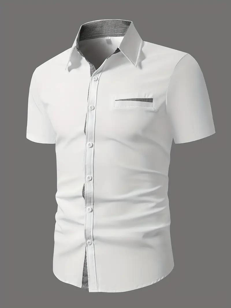 White Men'S Casual Short Sleeve Button-Up Shirt with Faux Pockets