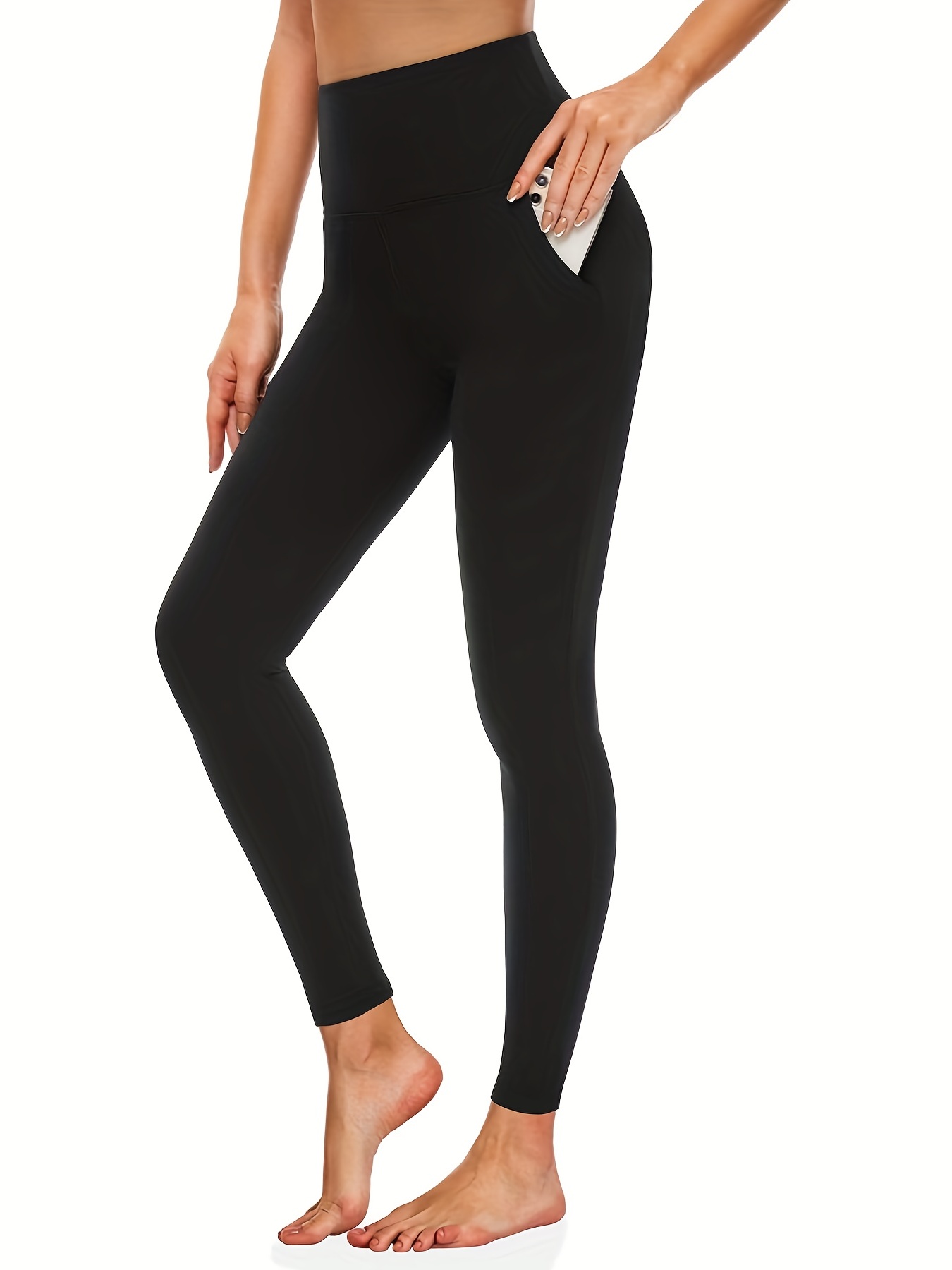 Leggings with Pockets for Women,High Waist Tummy Control Workout Yoga Pants-  Black - Black