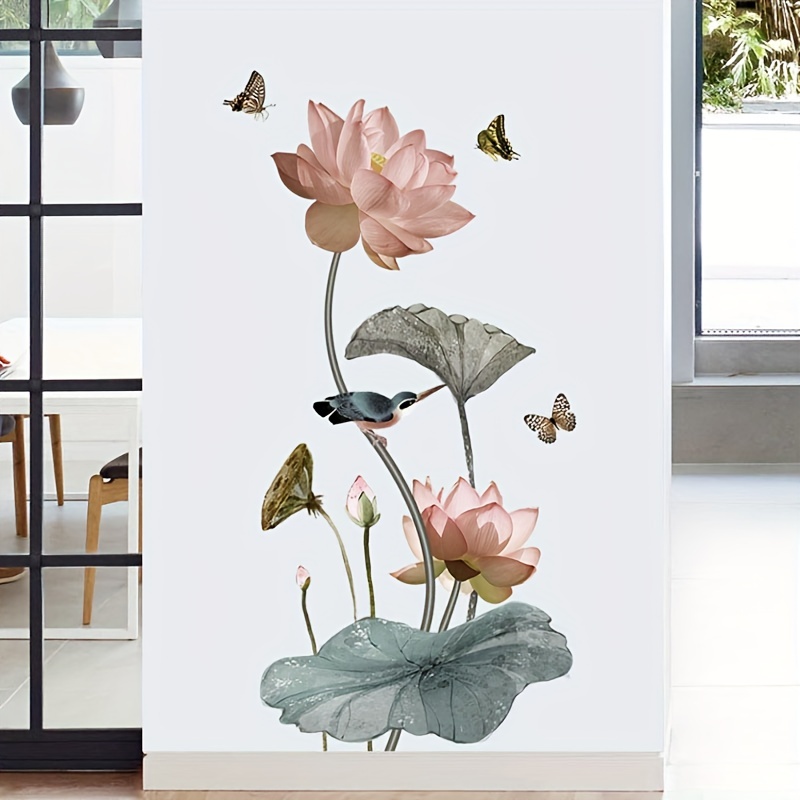 

1pc Creative Pink Lotus Home Decoration Wall Sticker, Living Room Plant Decoration Decals, Bedroom Corridor Decoration Poster Peel Sticker, Home Decor