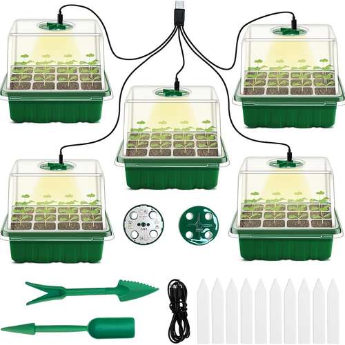 5pcs, Seed Starter Tray With Grow Light, 5 Packs Plant Starter Tray Seedling Starter Kit With Humidity Domes Base Indoor Greenhouse Mini Propagator Station For Seeds Growing Starting (12 Cells Per Tray)