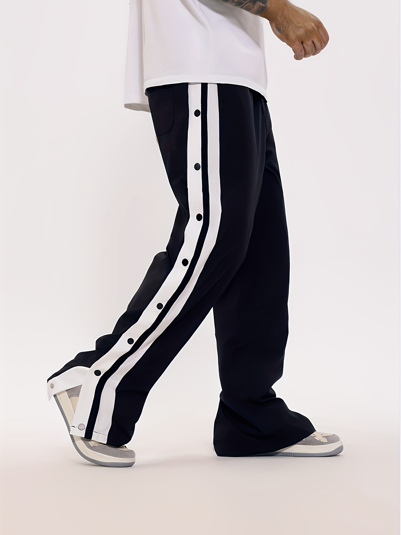 Women Snap Button Striped Side Pants Jogger Track