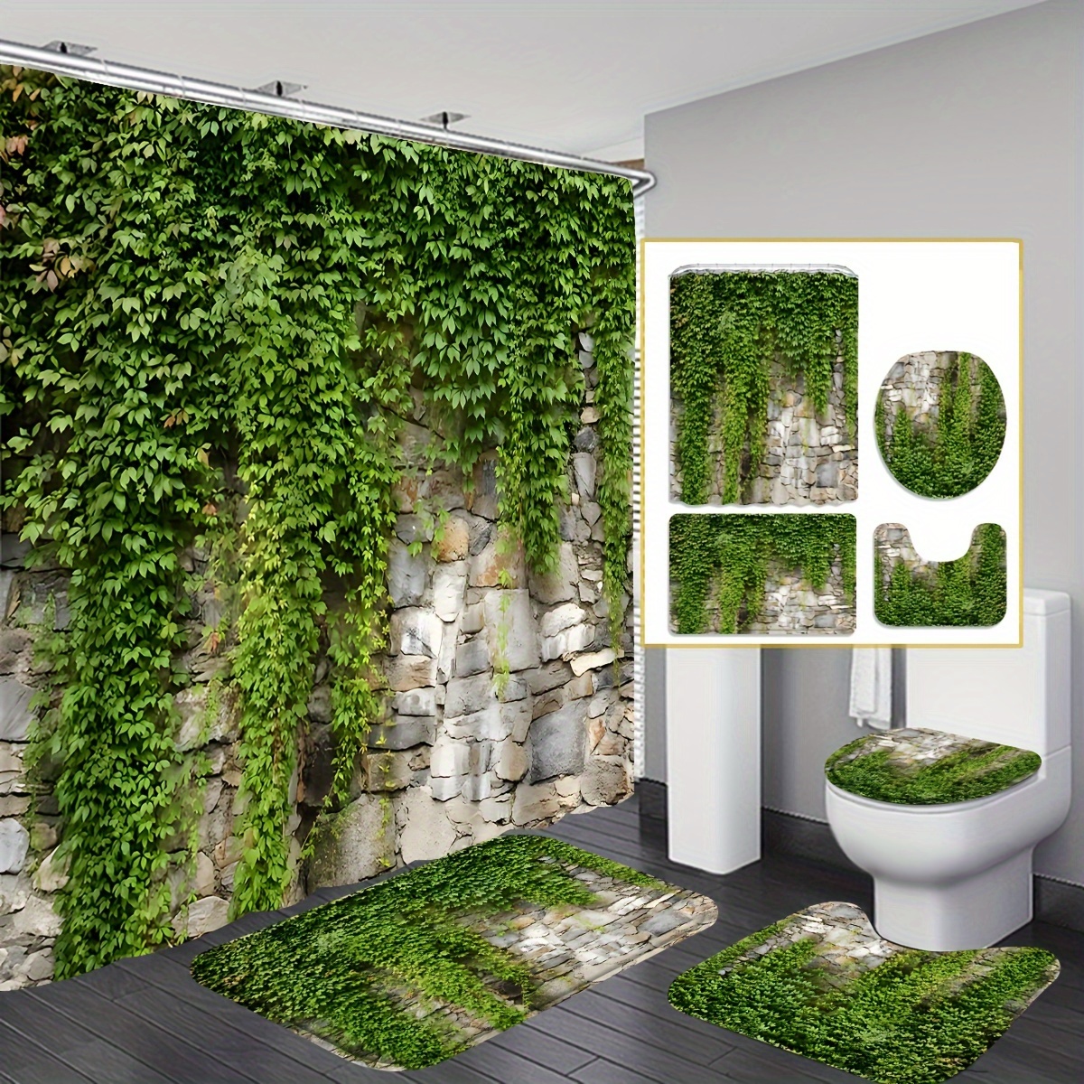 

1/4pcs Ivy Stone Wall Printed Shower Curtain Set, Waterproof Bathroom Partition Curtain With Hooks, Non-slip Bath Rug, U-shape Mat, Toilet Lid Cover Mat, Bathroom Accessories, Home Decor