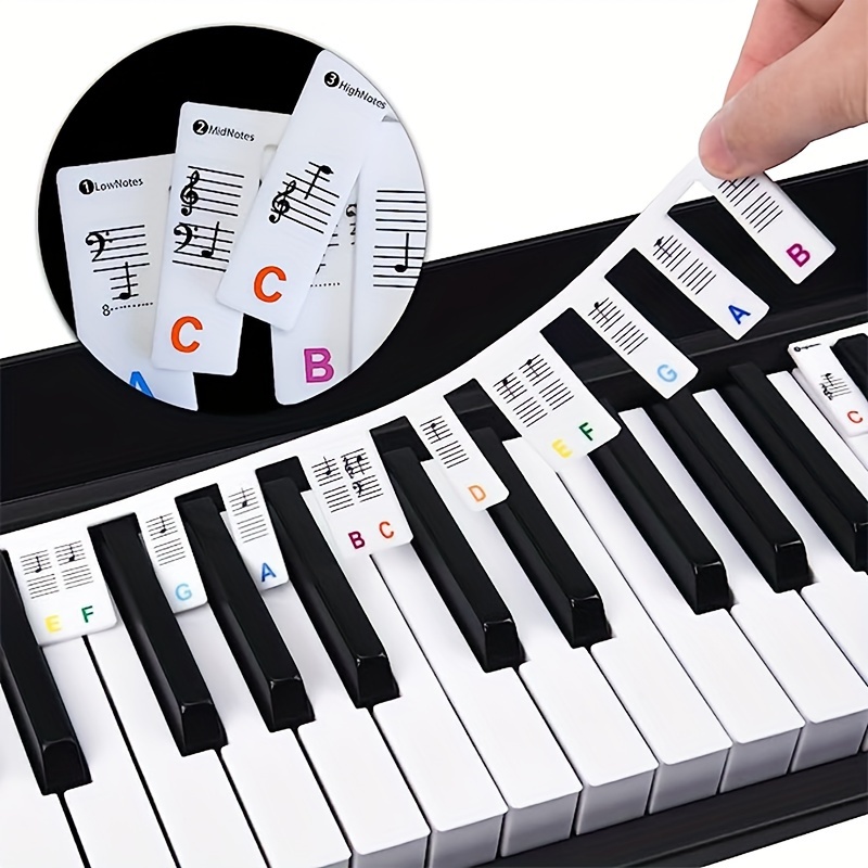 Autocollants en silicone pleine taille portable apprendre à jouer du piano  piano clavier note de musique autocollants pour débutants Couleur du fond  blanc