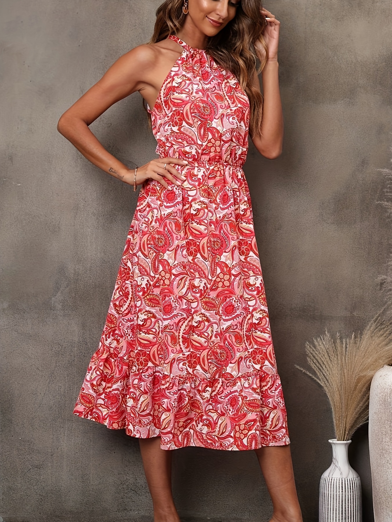 Paisley Print Knot Back Dress Elegant Sleeveless Ruffle Hem - Temu