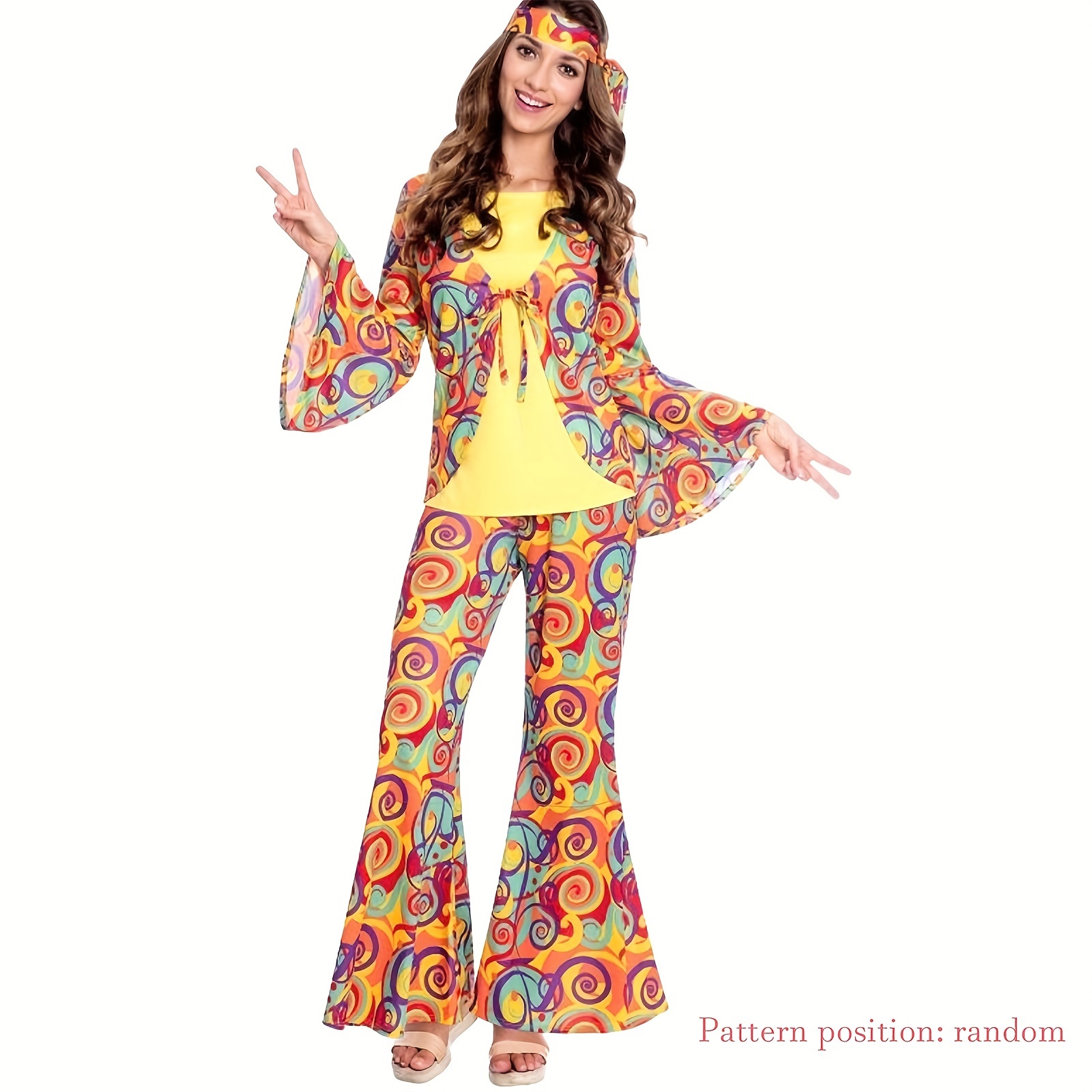 6pcs 70s 60s Hippie Costume Set 70s Outfits Accessories for Halloween Women  Disco Dress for Girls, L