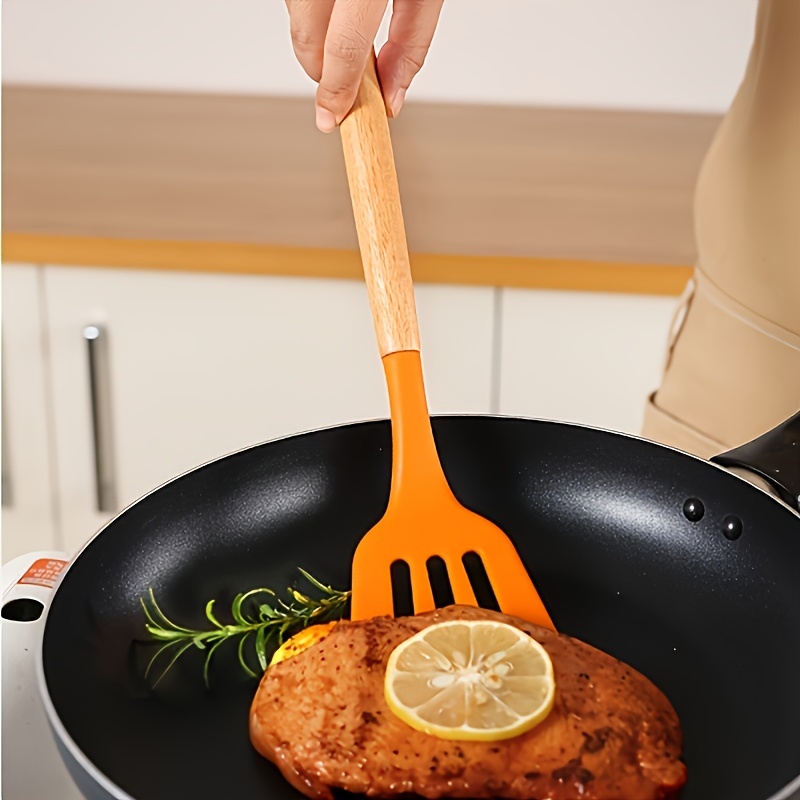 Silicone Spatula Spoon With Wooden Handle, High Temperature Resistant  Non-stick Kitchen Utensils, Suitable For Fish, Biscuits, Eggs, Pancakes,  Cooking - Temu