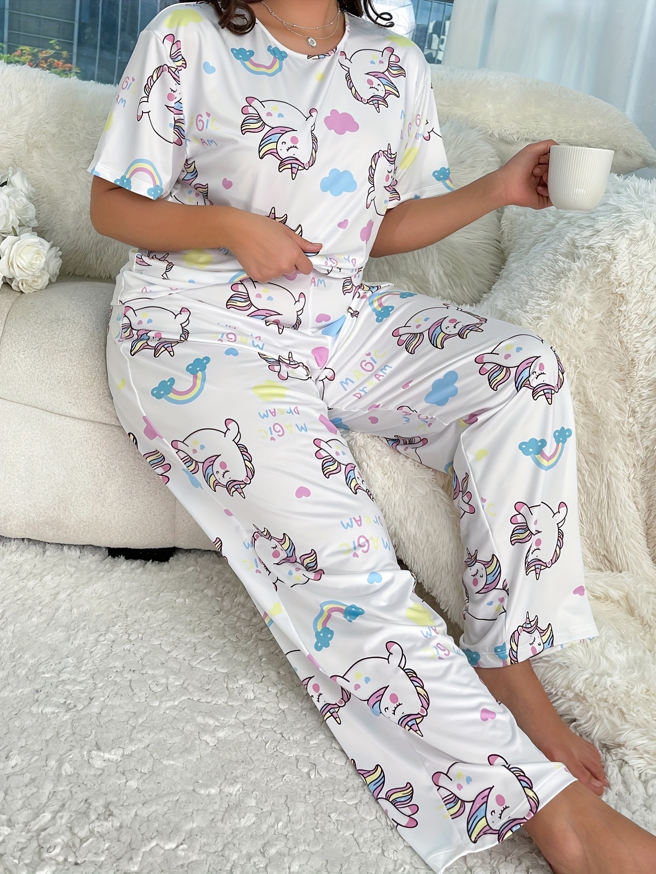 Womens Pajama Set Cute Cartoon Print Short Sleeve Top Tee+Shorts Nightwear  Female Sleepwear Pjs Sets Two Piece Casual Loungewear 