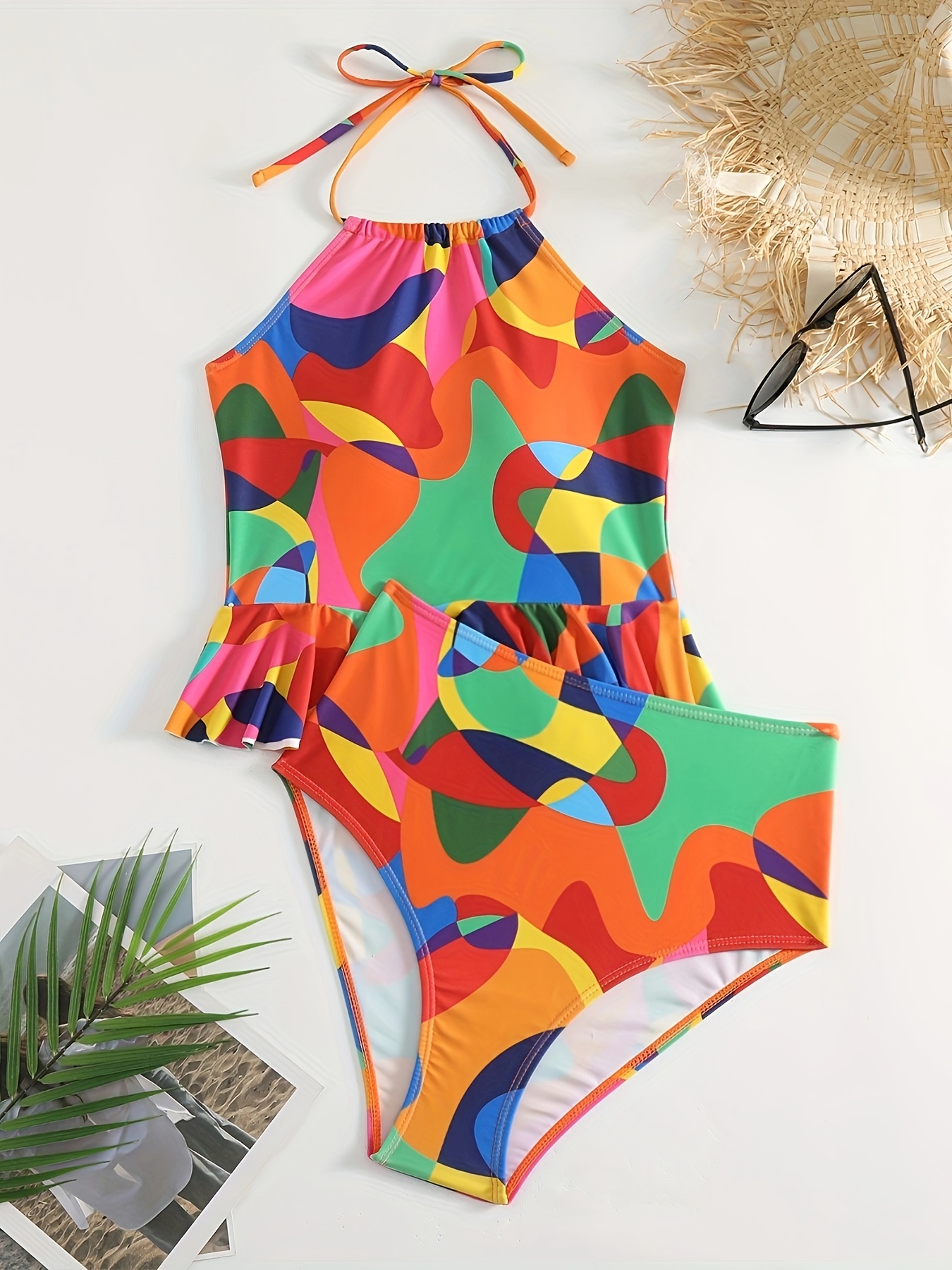 Color Block Geometric Print Scoop Neck Swimsuit - Temu