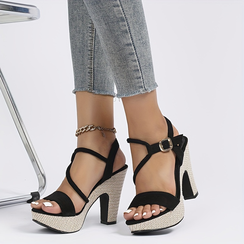 Women'S Chunky Platform Sandals with Adjustable Ankle Strap Open-Toe  Summer Shoes, Thick Cushioned Sole, Black White Retro Design for Parties,  Sho - Main Image