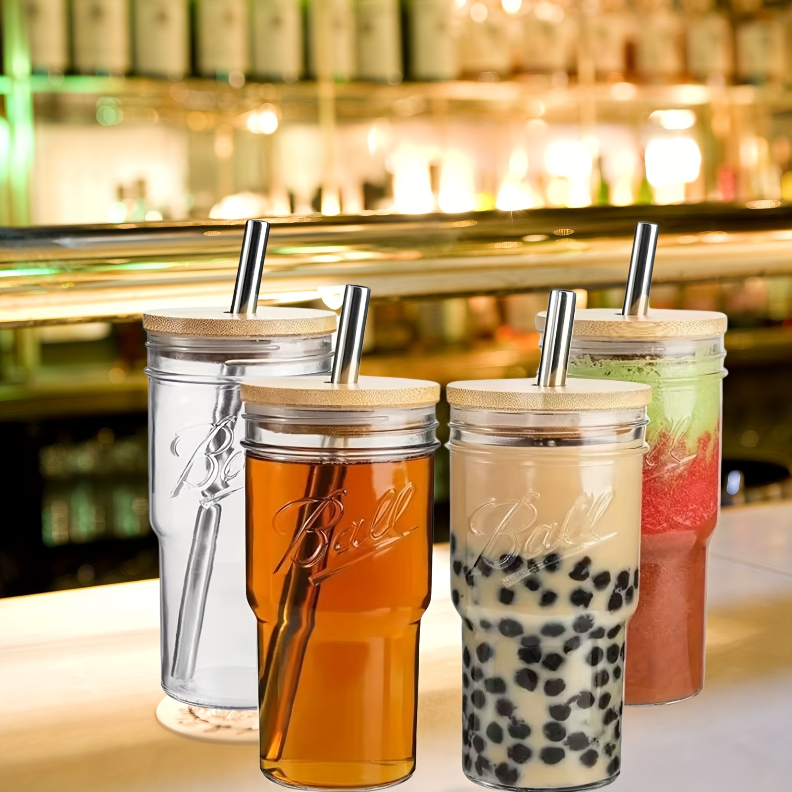 Glass Can With Bamboo Lid, Glass Straw And Straw Brush, Iced Coffee Glass  Cup, Chisme Design Soda Glass Can For Restaurant, Coffee Shop, Juice Bar -  Temu