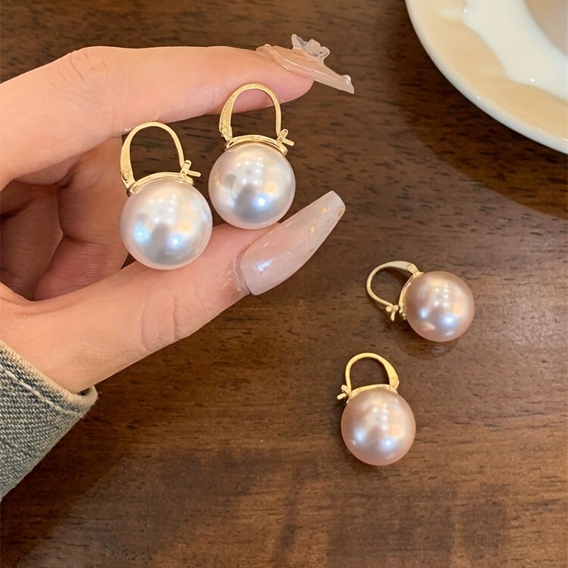 

Champagne / White Color Faux Pearl Decor Hoop Earrings Elegant Simple Style Zinc Alloy 14k Plated Jewelry Delicate Female Gift