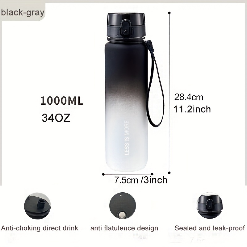 Sports Water Bottle with Time Marker BPA Free Water Jug 1000ml - Black White