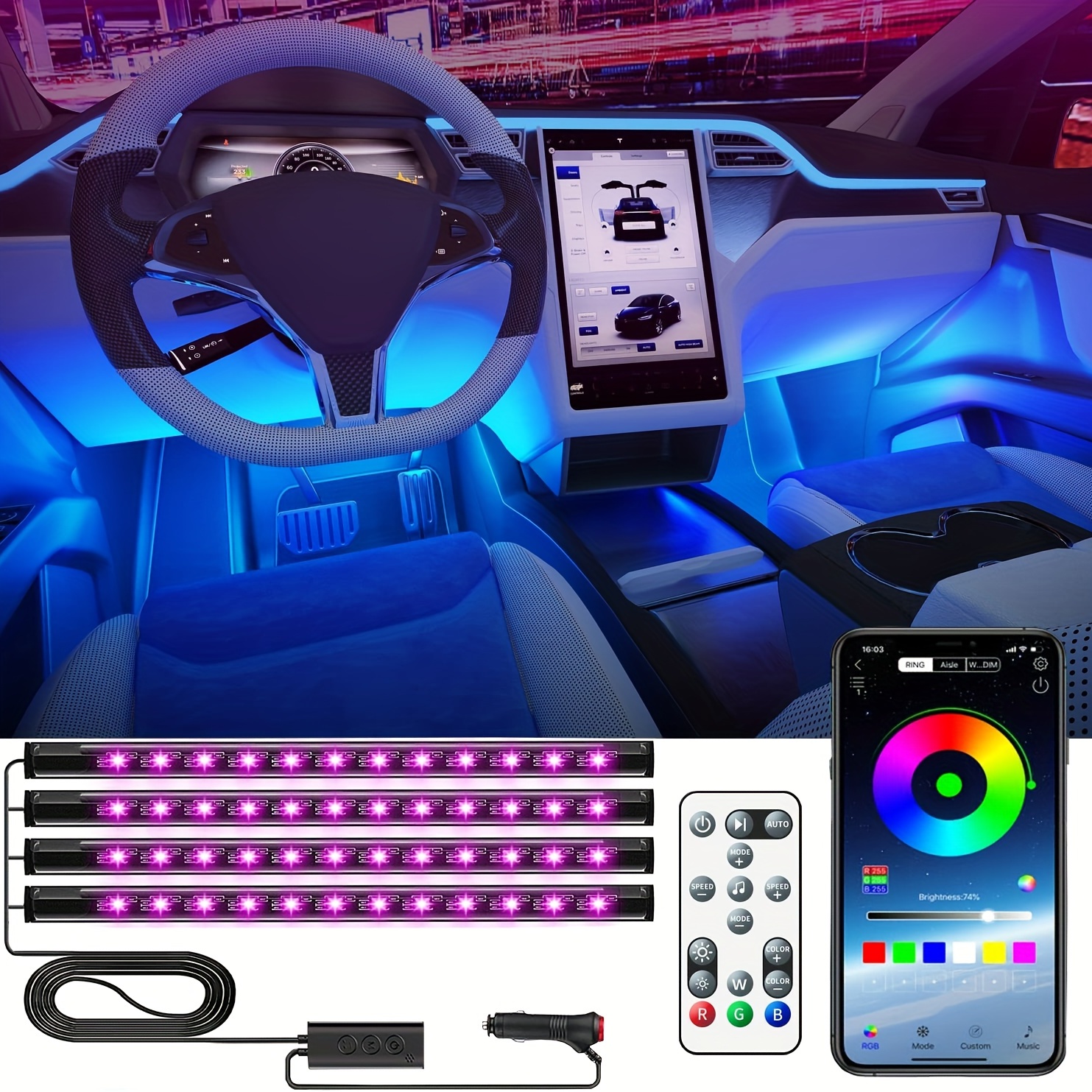 Interior Car Lights 4pcs 48 Led App Control With Remote Music Sync Color  Change Rgb Under Dash Car Lighting 12v Led Lights For Car Rgb - Automotive  - Temu Poland