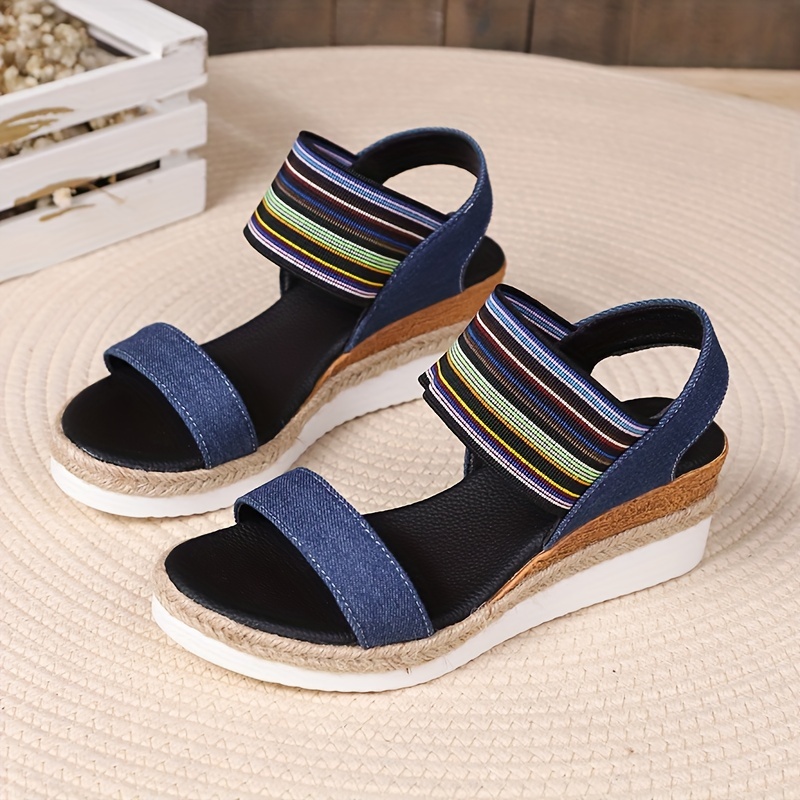 Shoes, Blue Denim Slip On Espadrille Wedge Sandals