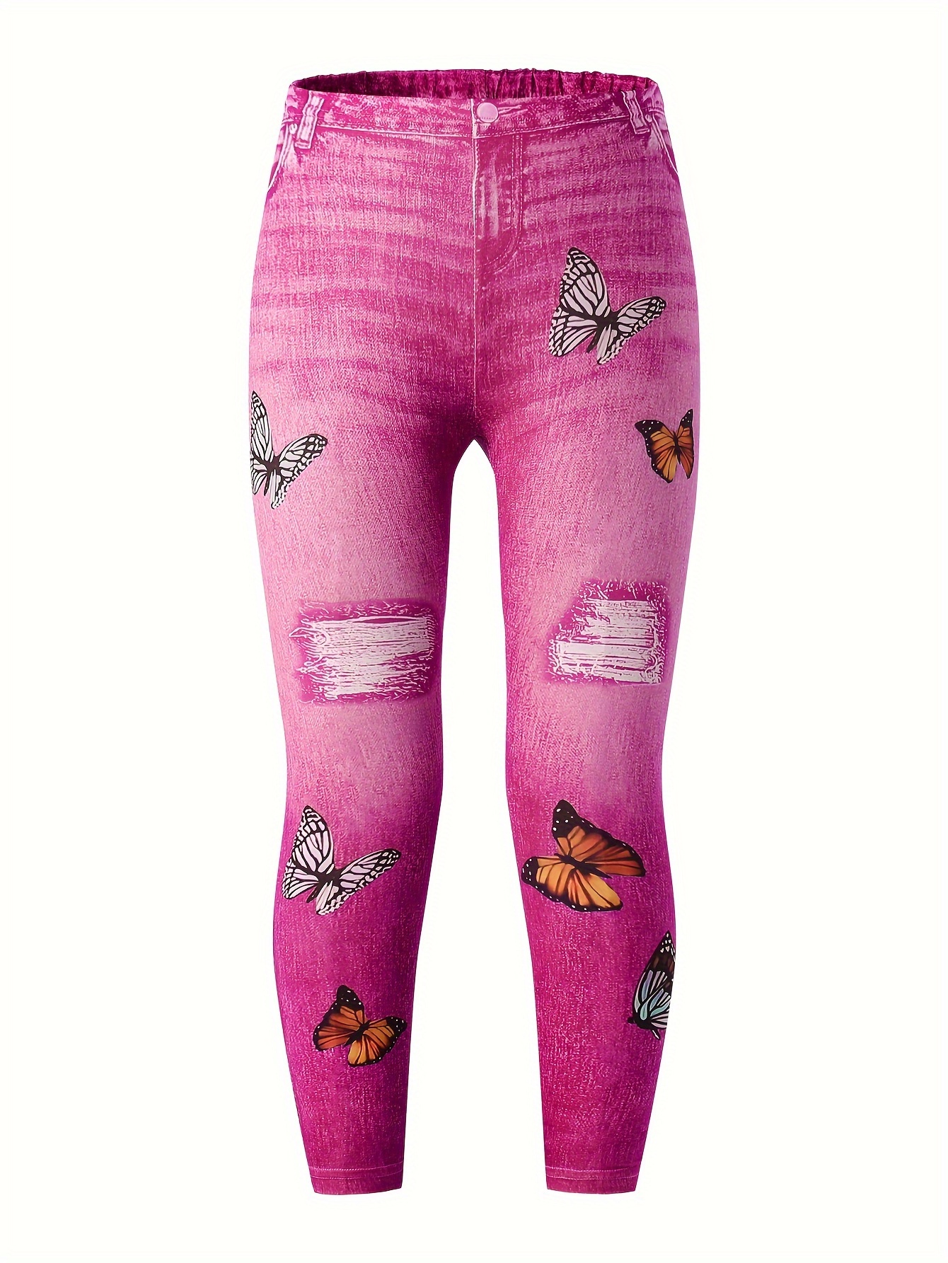 Girls Leggings | Pink Butterfly Leggings | Kids Yoga Pants | Footless  Tights | No-Roll Waistband