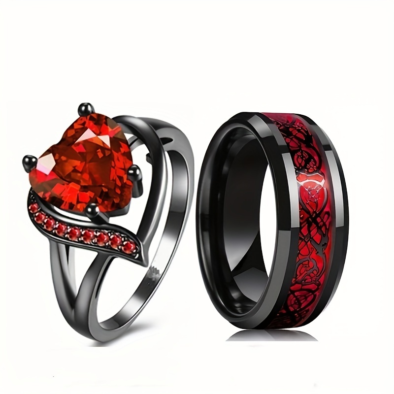 Matching Skull Rings Couple Ring Gold Plated Red 1CT CZ Women