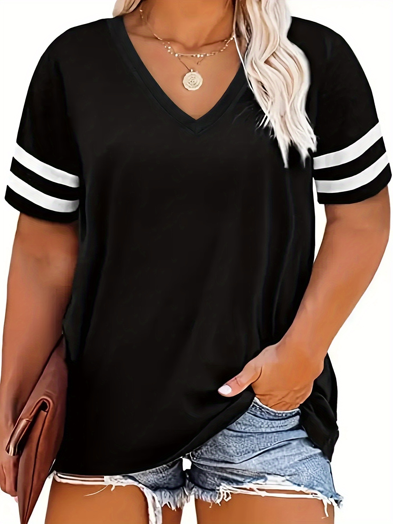 Plus Size Solid V Neck Irregular Hem T shirt Women's Plus - Temu Canada
