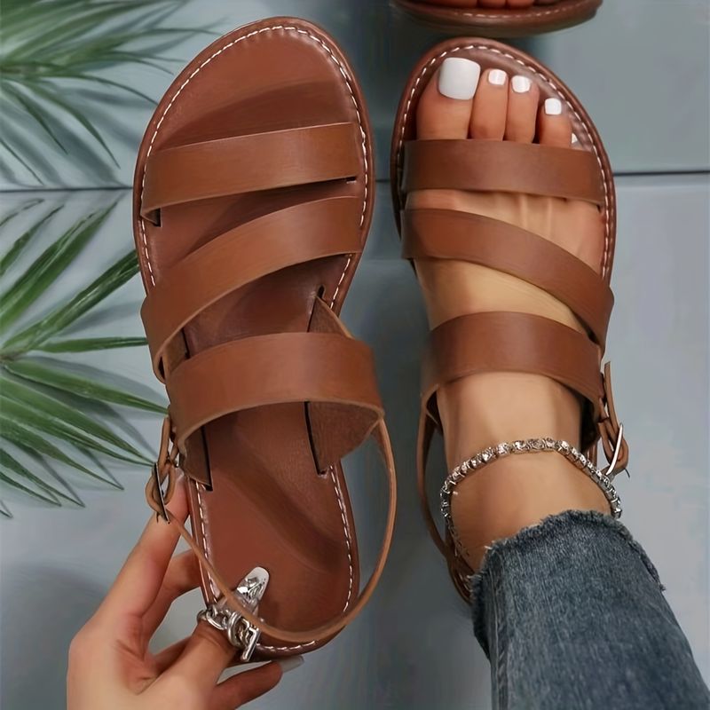 Women's Roman Flat Sandals, Solid Color Open Round Toe Ankle Strap Shoes, Casual Beach Sandals details 1