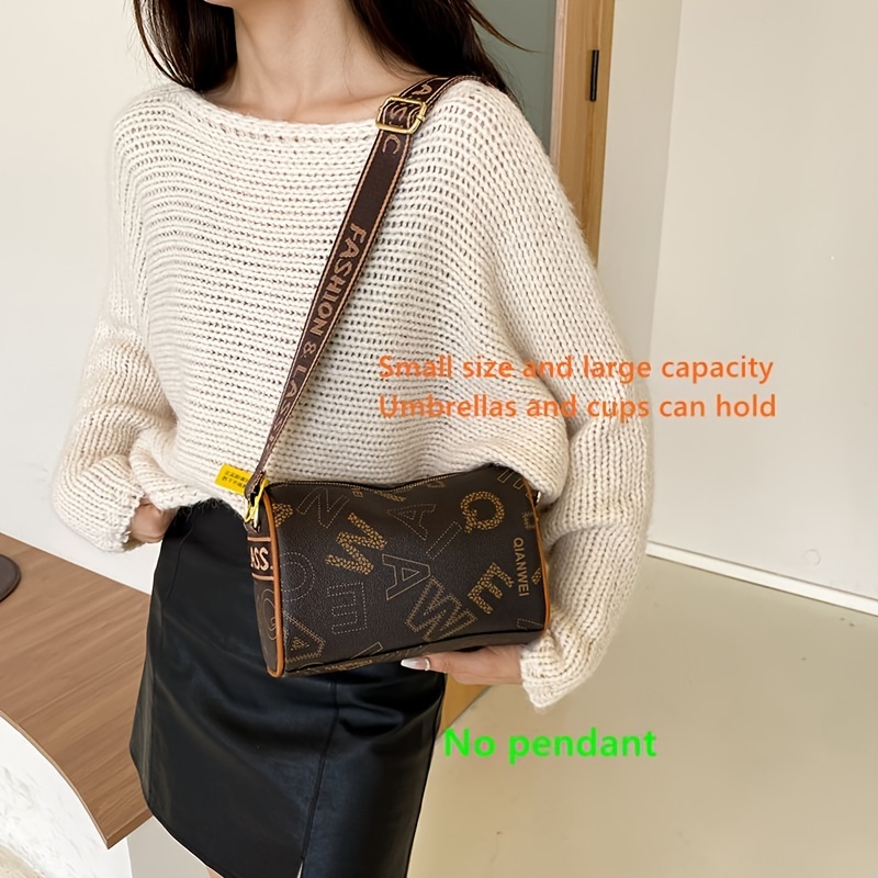 Letter Pattern Shoulder Boston Bag, Vintage Zipper Crossbody Purse With  Wide Strap For Women