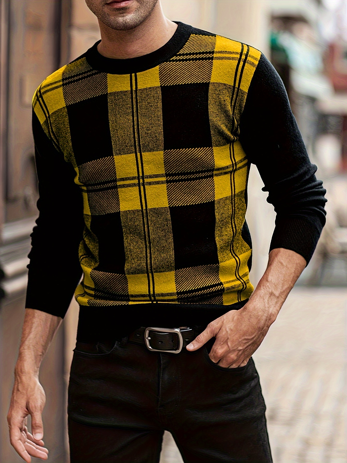 All Match Knitted Plaid Sweater, Suéter De Punto A Cuadros Para Hombre,  Cálido Y Casual, De Cuello Redondo Y Manga Larga, Para Otoño E Invierno