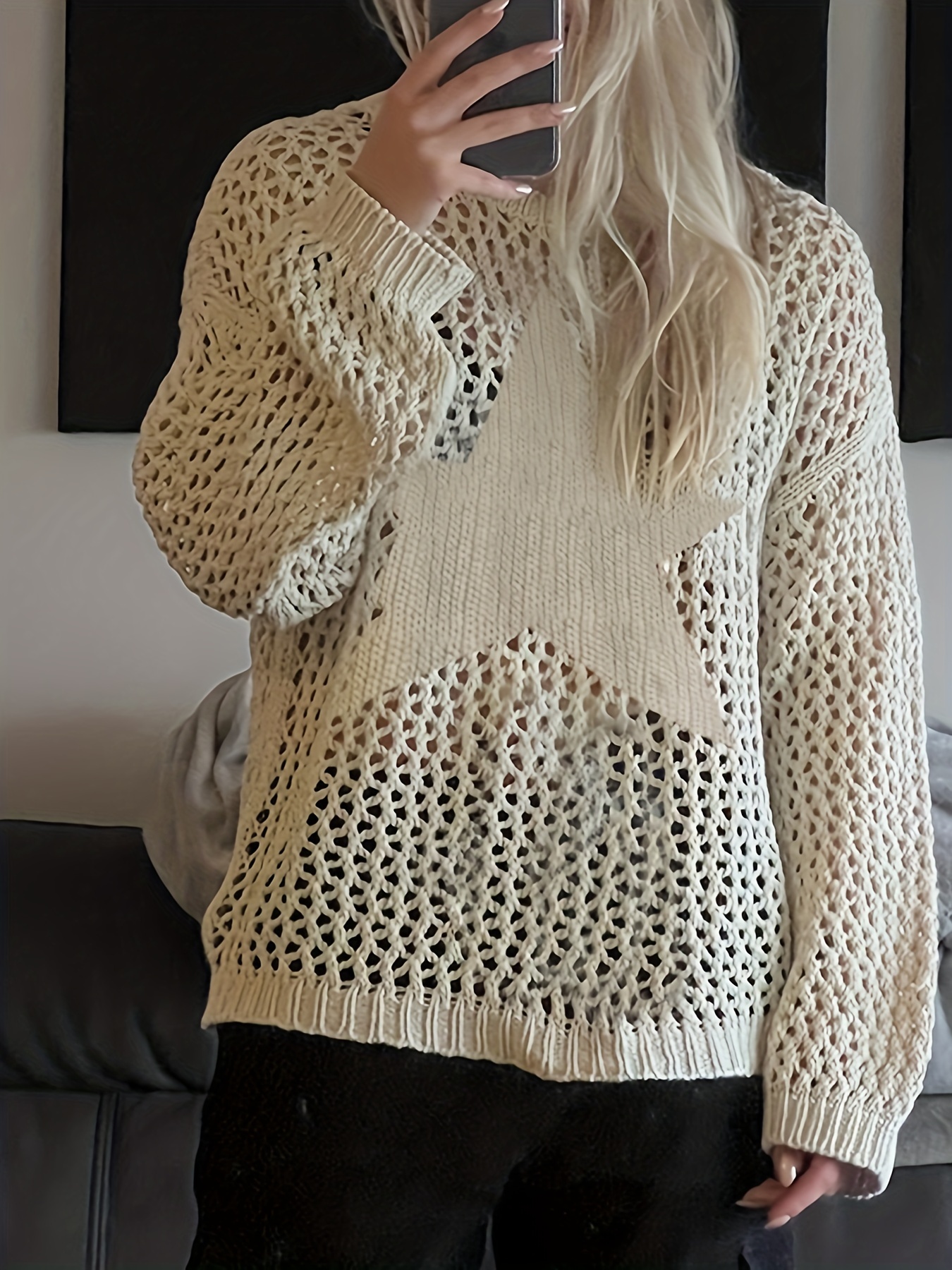 Womens Crochet Knit Oversized Pullover Sweater Long Sleeve Hollow O